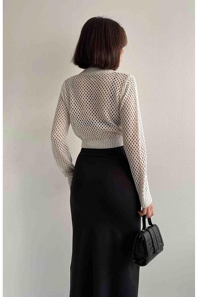 RECEP AYDIN Double Sided Zipper Openwork White Knitted Cardigan