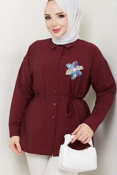 HİFADEN Γυναικείο πουκάμισο Hijab με λουλουδάτο λεπτομερές κουμπιά και ζώνη