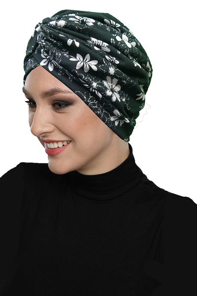 fidan bone Midnight Blossom Patterned Cross and Band Detailed Lined Ready-Made Turban Hijab Pool Cap