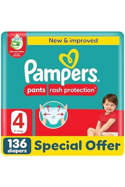 Pampers Rash Protection Pants Diapers, Size 4, 9-14kg, +50% Aloe Vera Lotion, 360° Leak-Free Fit