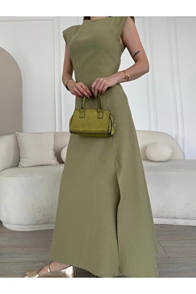 FMN Moda marka muadil yazlık geniş midi etel bele oturan uzun yırtmaç detay vatkalı pinterest model elbise