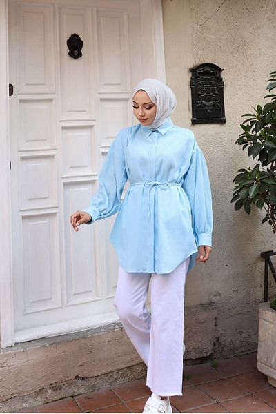 HİFADEN Women's Shoulder Gathered Belted Hijab Shirt