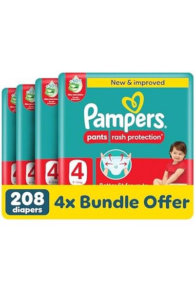 Pampers Rash Protection Pants Diapers, Size 4, 9-14kg, 50% Aloe Vera Lotion, 360° Leak-free Fit