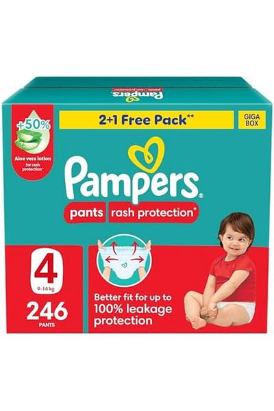 Pampers Rash Protection Pants Diapers, Size 4, 9-14kg, 50% Aloe Vera Lotion, 360° Leak-free Fit