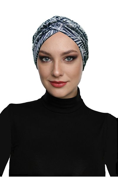 fidan bone Moonlight Flowers Patterned Cross and Band Detailed Lined Ready-Made Turban Hijab Pool Cap