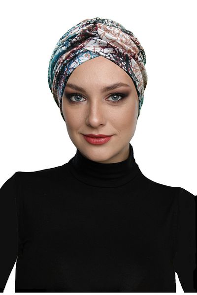 fidan bone Tie-Dyed Model Patterned Cross and Band Detailed Lined Ready-Made Turban Hijab Pool Cap