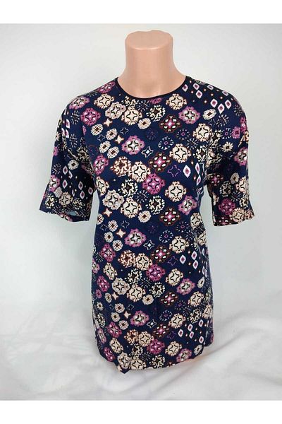 YAŞAR TRİKO Women's Navy Blue Pink Crew Neck Short Sleeve Patterned Slit Woven Viscose Mother Combed Cotton T-Shirt