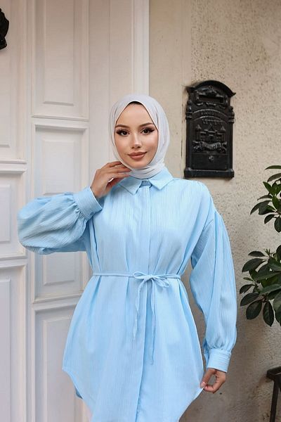 HİFADEN Women's Shoulder Gathered Belted Hijab Shirt