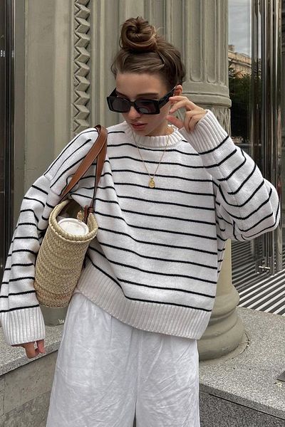 KURGAN TEKSTİL Women's Crew Neck Striped Oversize Knitwear Sweater