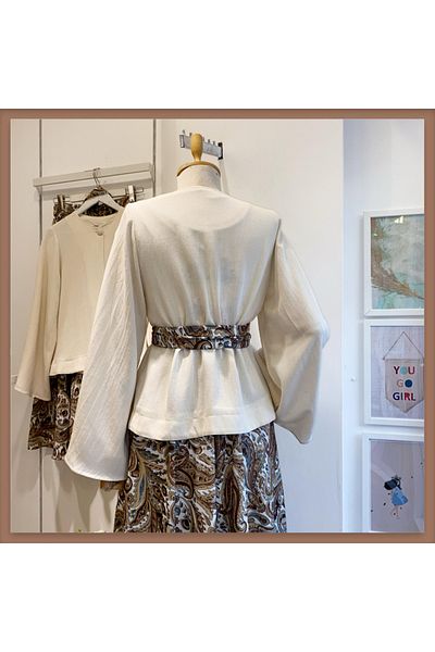 Faya Boutique Σετ λινό με κρεμ μπουφάν με σχέδιο βιζόν