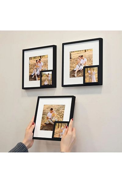 LİFE GLOBAL Black 21X21Cm Square Photo Frame with Adhesive Puppy Detach and Paspart - Pack of 3