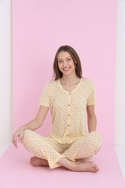 ELİTOL Jacquard Viscose V-Neck Buttoned Pajama Set