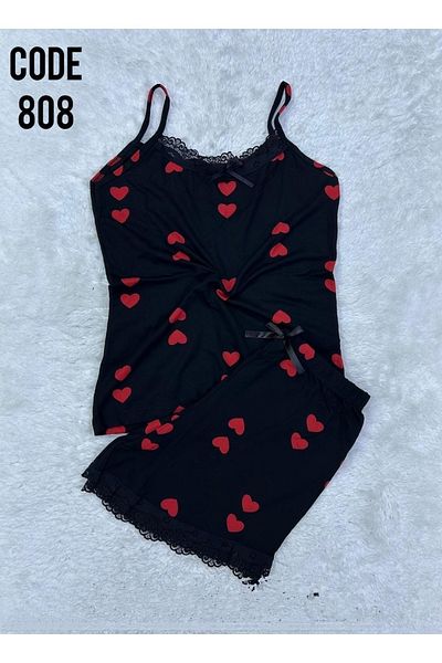 XORVİO Women's Rope Strap Shorts Lace Detailed Nightgown Patterned Soft Summer Modal Pajama Set