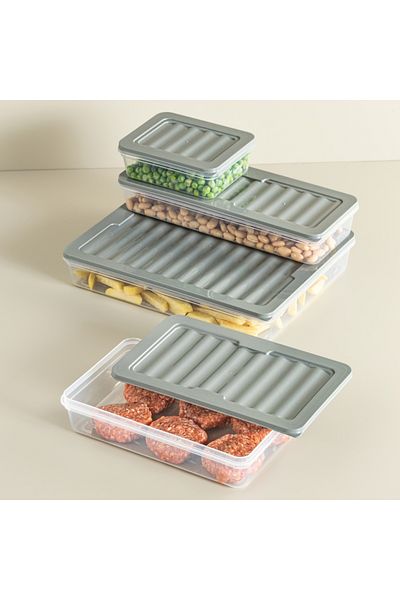 Ginza Maison Freshbox Set For Food, 6 Boxes With Lids (4X600 ML, 2X1200 ML), Transparent With Grey Lid