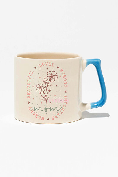 qoeuyl boutique "Mom Flower" Çiçekli Anne Anneler Günü Özel Doğum Günü Hediye Mavi Kulplu Kupa Bardak
