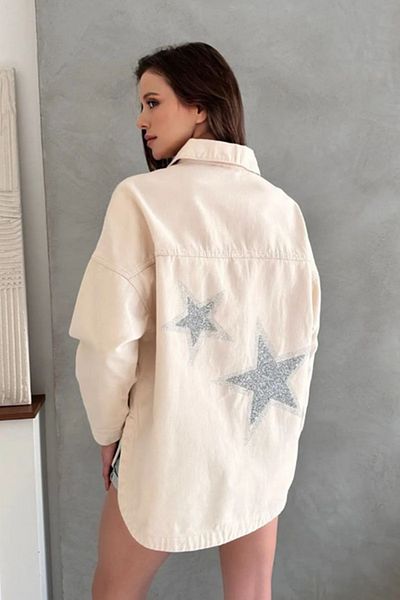butiksinope AST 858 Stone Processing Starry Γυναικείο τζιν μπουφάν μπεζ