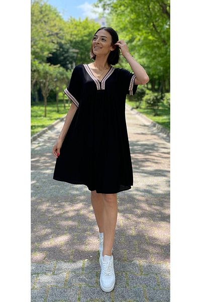 Hazinedan Mini Size V-Neck Ribbed Detailed Summer Dress