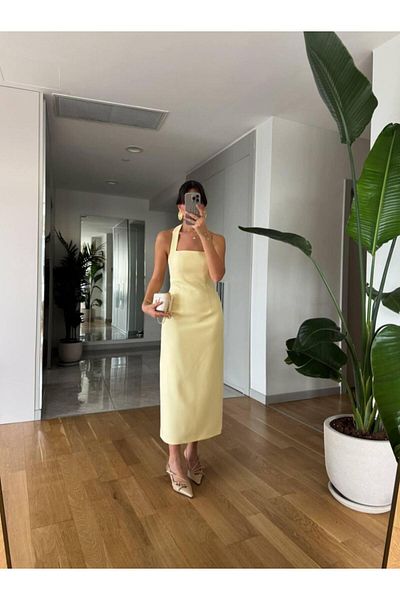 maf collection Women's Yellow Halter Neck Strap Midi Evening Dress with Back Slit Detail Graduation Dress