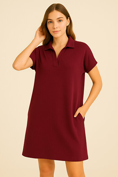 Giyim Dünyası Women's Pocket Polo Neck Dress Claret Red