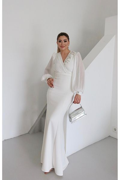 1Moda1Tarz Γυναικείο Ειδικό Σχεδιασμένο Φόρεμα με Εισαγόμενο Scuba Crepe υφασμάτινο μανίκια και σιφόν στήθος με επένδυση από πέτρα