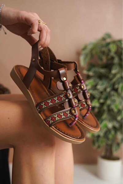 ünverdi Γυναικεία σανδάλια Γνήσιο δέρμα με λουράκι με ρυθμιζόμενη επίπεδη σόλ...