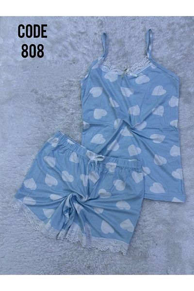 XORVİO Women's Rope Strap Shorts Lace Detailed Nightgown Patterned Soft Summer Cotton Pajama Set