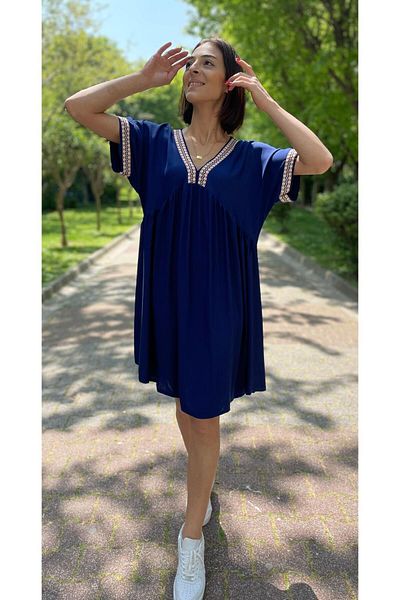 Hazinedan Mini Size V-Neck Ribbed Detailed Summer Dress