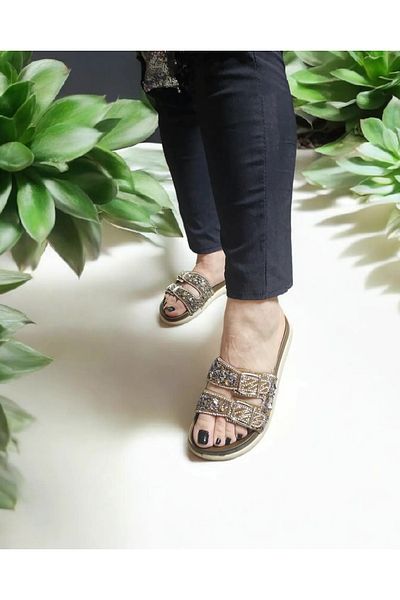 AkınalBella Natural Stone Detailed Double Buckle Comfortable and Stylish Home and Outdoor Slippers