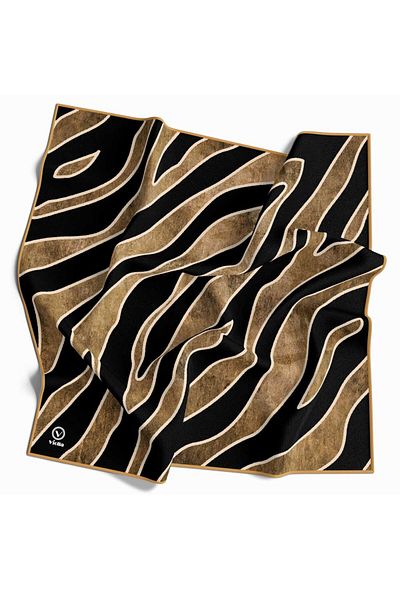 VİOLLA Mustard Color Crystal Zebra Floral Print 90X90 Scarf - Silk Free, Edge Stitching Shape