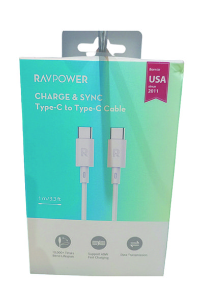 RavPower كابل USB-C - 1 متر مرن TPE، أبيض، شحن سريع ومزامنة
