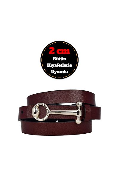 GoDeri 100% Genuine Leather, Thin 2 cm Burgundy Women's Belt with Silver Buckle; Dress Belt, Trouser Belt_Anhtr
