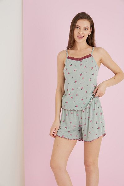 ELİTOL Jacquard Viscose Thin Strap Lace Shorts Set