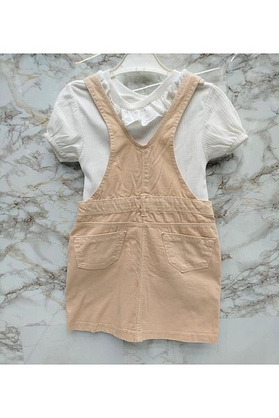 XORVİO Girl Beige Color Butterfly Pattern Dress with Pocket 2-Piece Set Short Sleeve T-Shirt Adjustable Strap Salopet