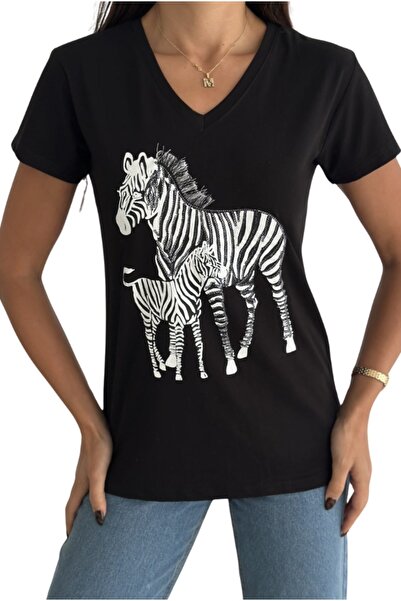 Cassime Γυναικείο μπλουζάκι με παγιέτες Zebra 100% βαμβακερό μαύρο μπλουζάκι ...