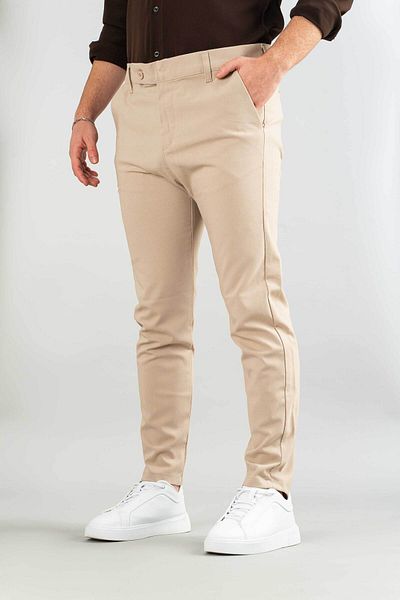 bombe Men's Beige Slim Fit Ankle Length Stretchy Lycra Fabric Trousers