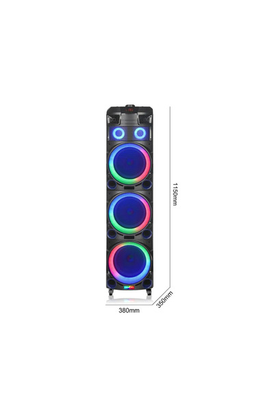 HEPU HP-912 Büyük Boy 150W RMS 3x12” PartyBox Bluetooth Hoparlör | RGB Işıklı | 2 Kablosuz Mikrofon