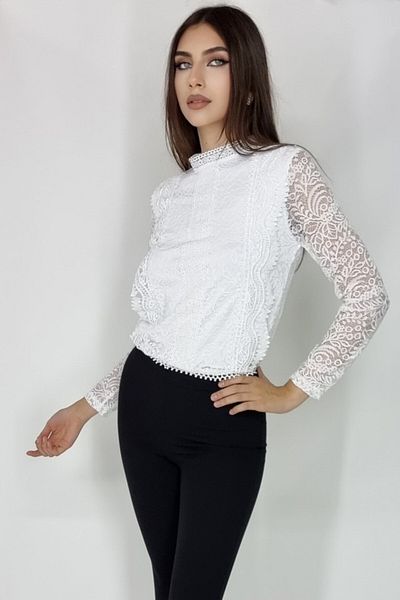 FashionForYou Cămașă albă Federica, broderie și dantelă, mărimea S/M
