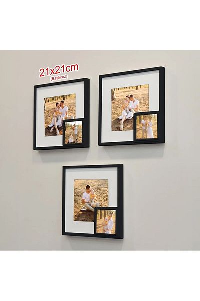 LİFE GLOBAL Black 21X21Cm Square Photo Frame with Adhesive Puppy Detach and Paspart - Pack of 3