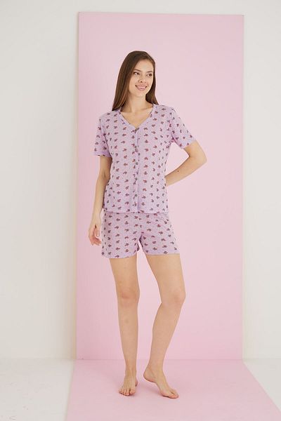 ELİTOL Jacquard Viscose V-Neck Buttoned Shorts Set