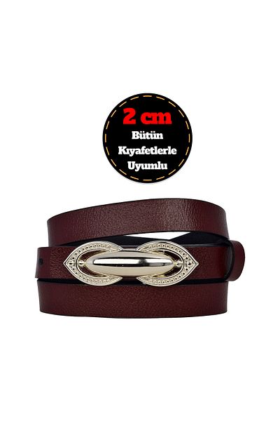 GoDeri 100% Genuine Leather, Silver Buckle Thin 2 cm Burgundy Women's Dress, Trouser Belt; Mid.Hump