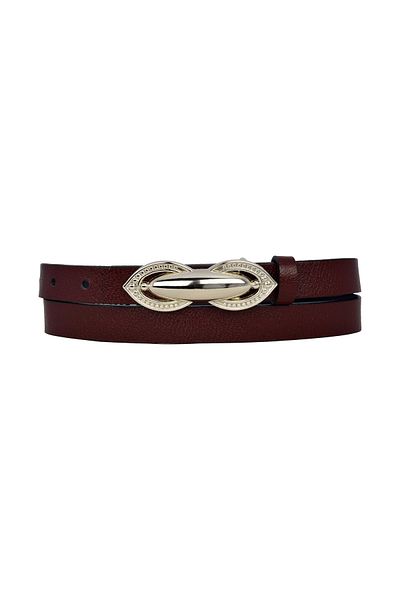 GoDeri 100% Genuine Leather, Silver Buckle Thin 2 cm Burgundy Women's Dress, Trouser Belt; Mid.Hump