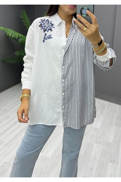 studio fashion 1988 Women's Striped Flower Embroidery Detailed Perforated Wide Fit Oversize 100% Cotton Shirt