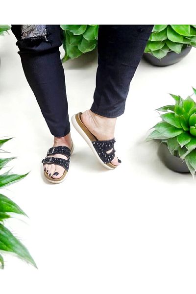 AkınalBella Natural Stone Detailed Double Buckle Comfortable and Stylish Home and Outdoor Slippers
