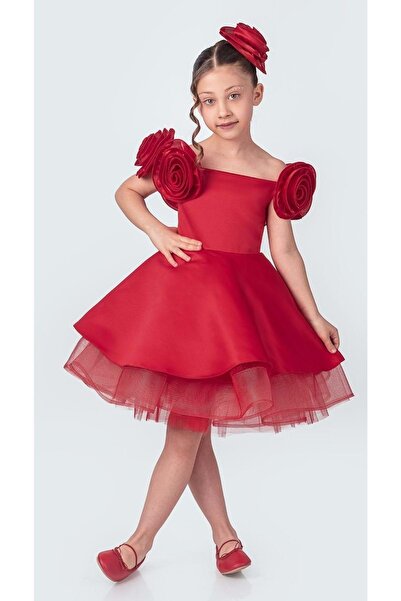 s.t. sebat tekstil Omuz Gül Motifli Kız Çocuk Abiye Elbise SB735