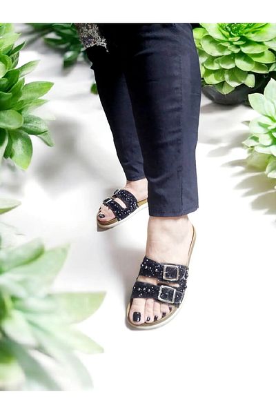 AkınalBella Natural Stone Detailed Double Buckle Comfortable and Stylish Home and Outdoor Slippers