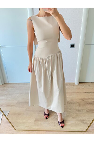 FMN Moda Stylish Midi Length Waist Hugging Backless Asymmetrical Detail Flared Skirt Design Equivalent Model Evening Dress