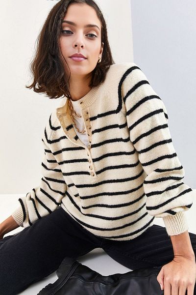 KURGAN TEKSTİL Women's Buttoned Collar Turtleneck Striped Knitwear Sweater