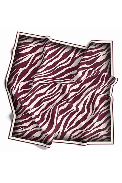VİOLLA Zebra Print Cream Plum - 90X90 Silk Free Hand Stitched Scarf