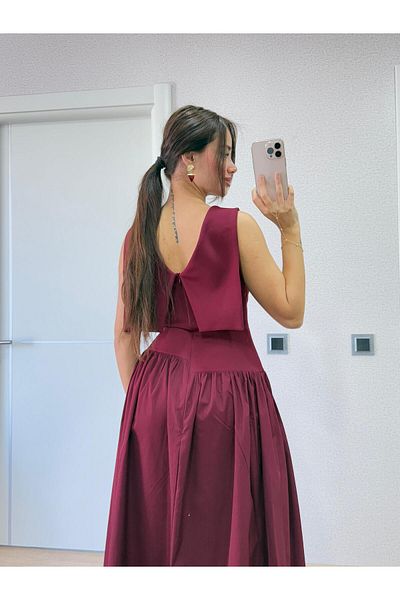 FMN Moda Stylish Midi Length Waist Hugging Backless Asymmetrical Detail Flared Skirt Design Equivalent Model Evening Dress