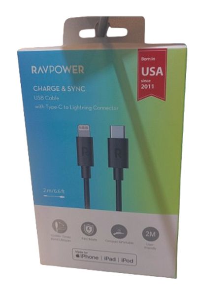 RavPower كابل USB-C إلى Lightning - 2 متر (6.6 قدم)، شحن سريع ومتين، لأجهزة iPhone/iPad
